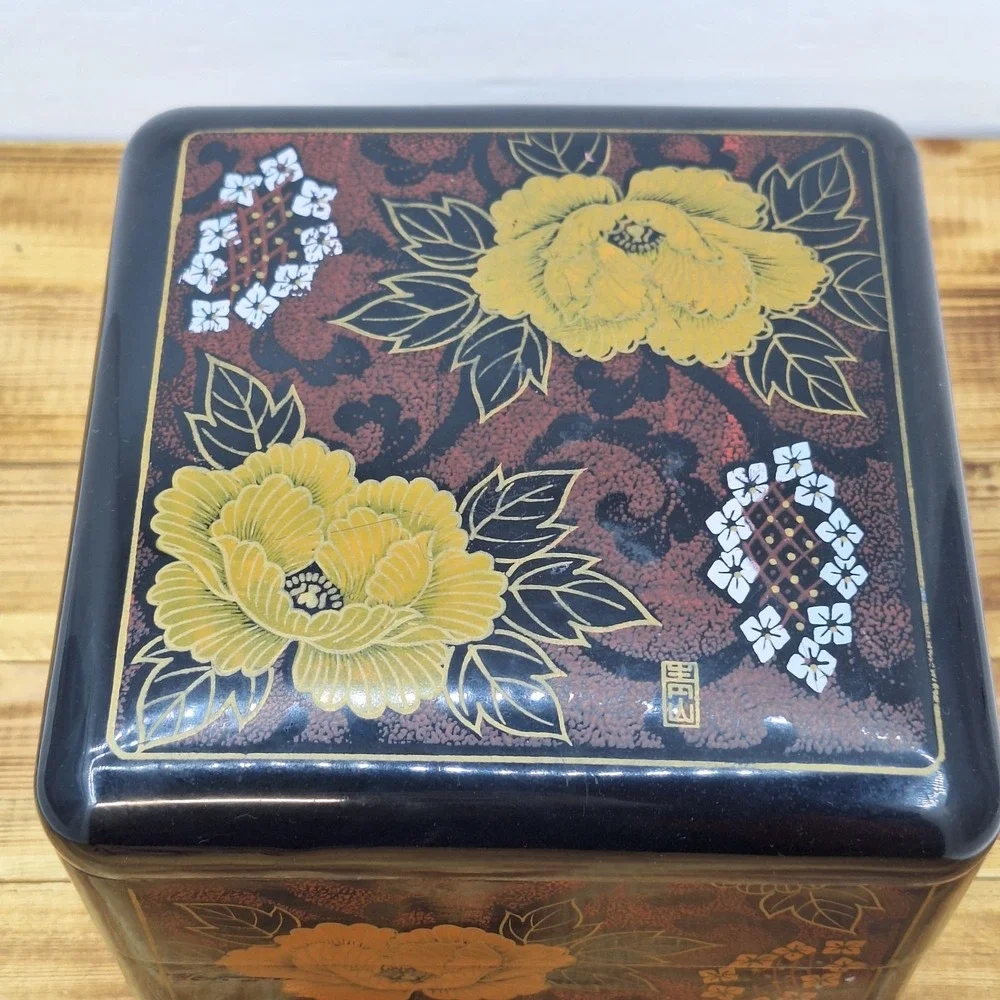 Floral Black Lacquered Jewelry Box 2 Tier With Lid Made in Taiwan VTG‎ Interpur
